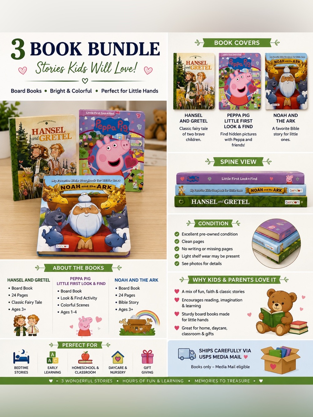 Peppa Pig Noah and the Ark Hansel and Gretel 3 Book Bundle Kids Board Books